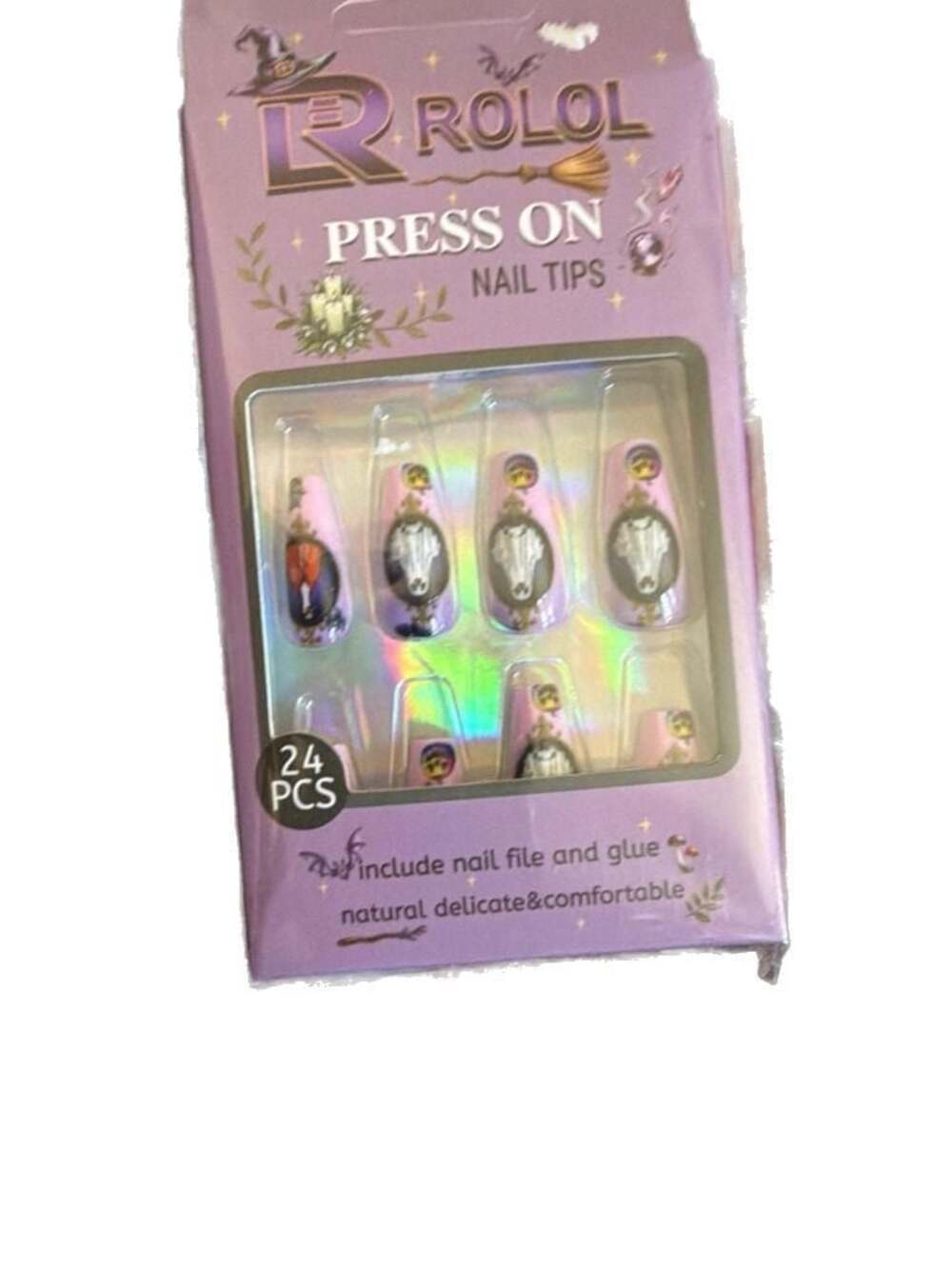 ROLOL 24pcs Halloween Witch & Skull Design Press On Nail Tips with Glue